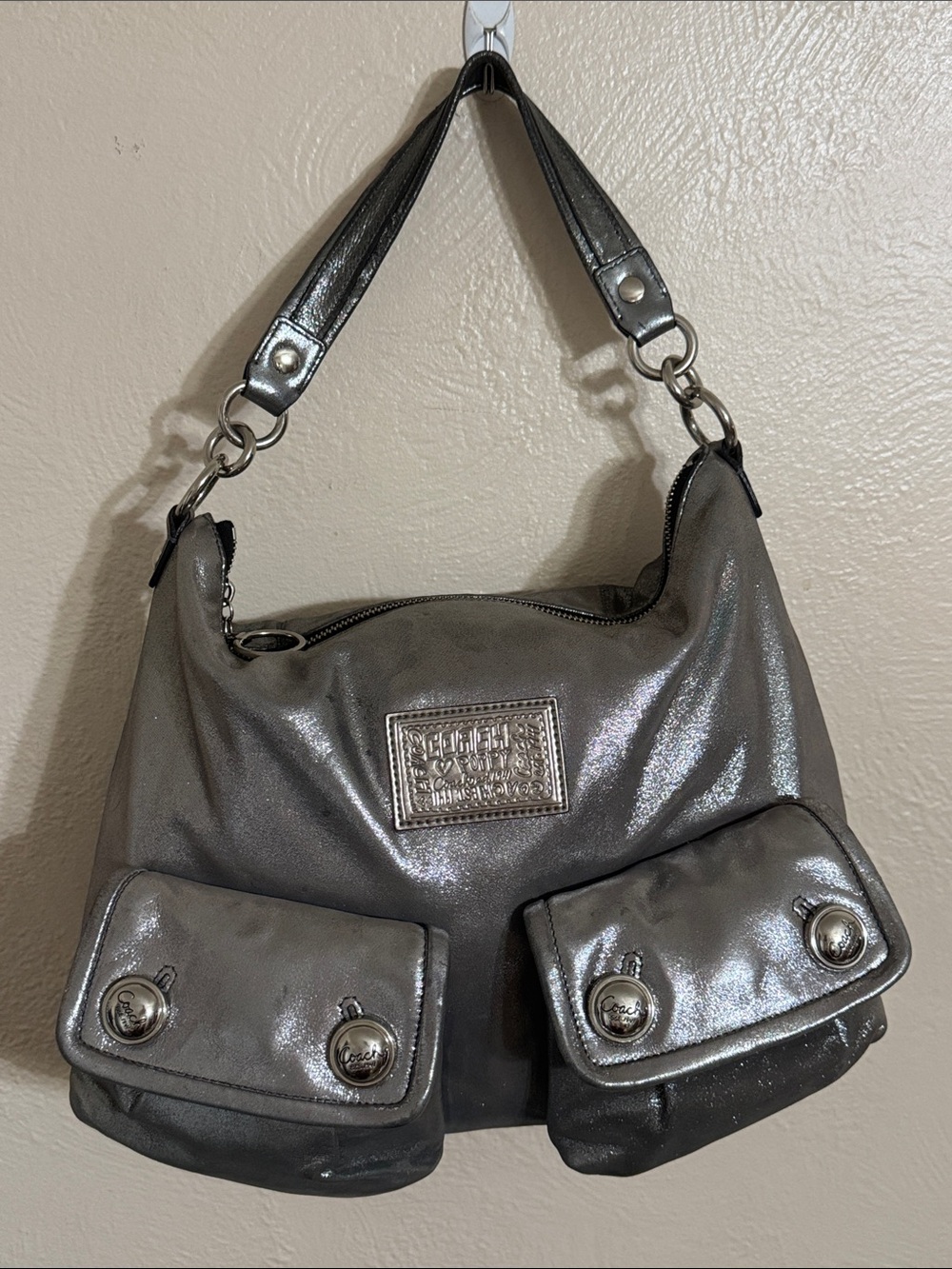 Coach 2010 Poppy Metallic Silver Shoulder Bag with Front Pockets